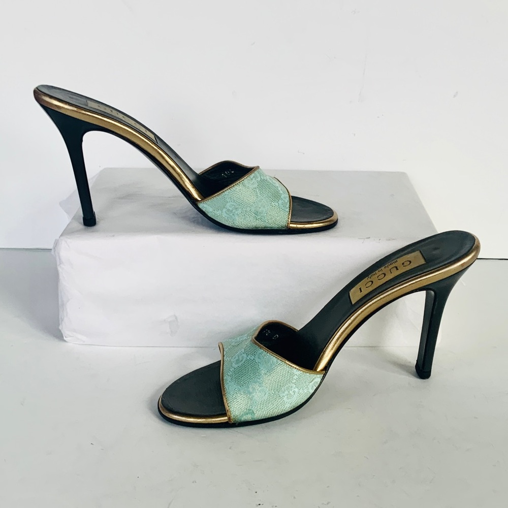 Gucci GG logo blue green canvas slide sandal  37.5 - Picture 3 of 8